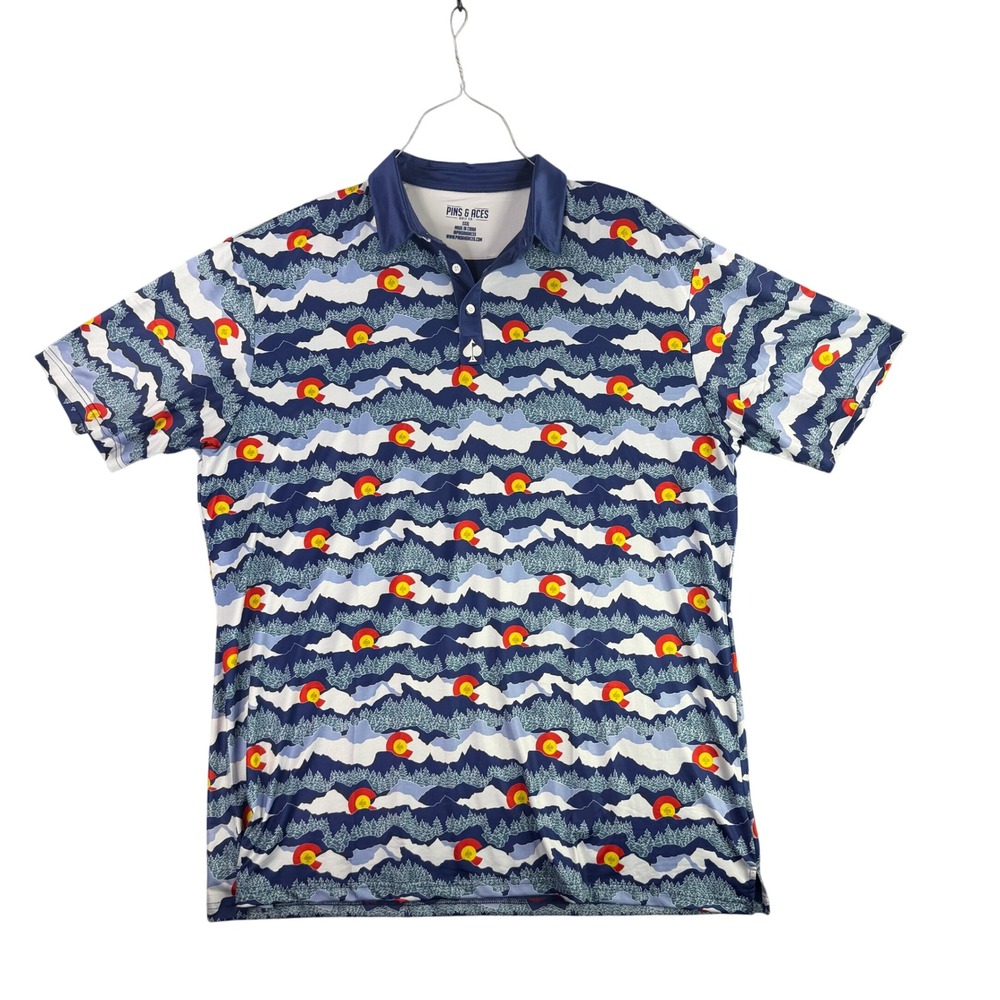Pins & Aces Golf Polo Mens XXXL Blue Colorado‎ Flag Mountain Landscape